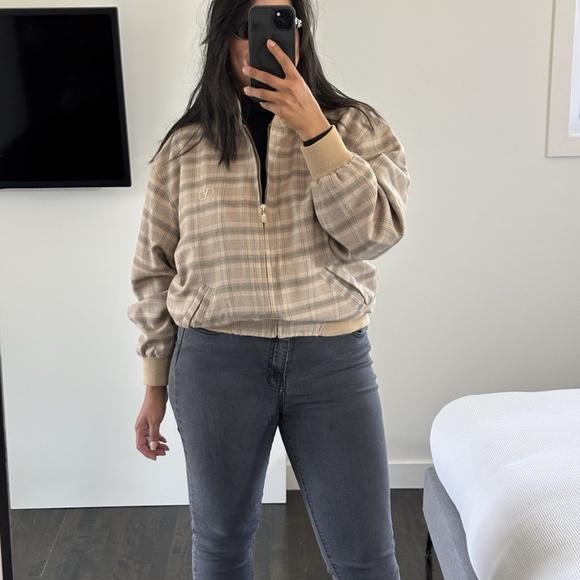 Valentino Jacket Bomber Beige Plaid Wool *VINTAGE* Logo V 100% Authentic - Picture 6 of 15